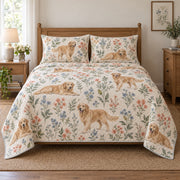 Meadow Companion Golden Retriever Quilt Set, front golden retriever bedroom view