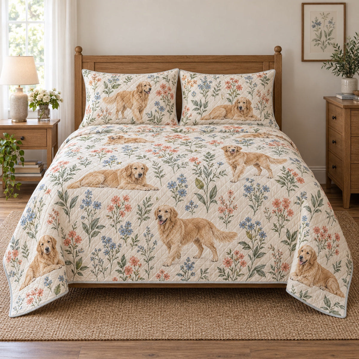 Meadow Companion Golden Retriever Quilt Set, front golden retriever bedroom view