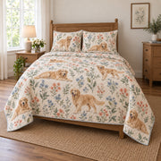 Meadow Companion Golden Retriever Quilt Set, angled golden retriever bedroom view