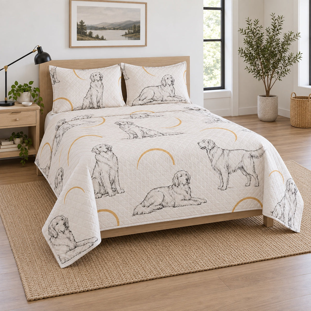 Modern Golden Outline Quilt Set, angled golden retriever bedroom view