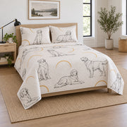 Modern Golden Outline Quilt Set, angled golden retriever bedroom view