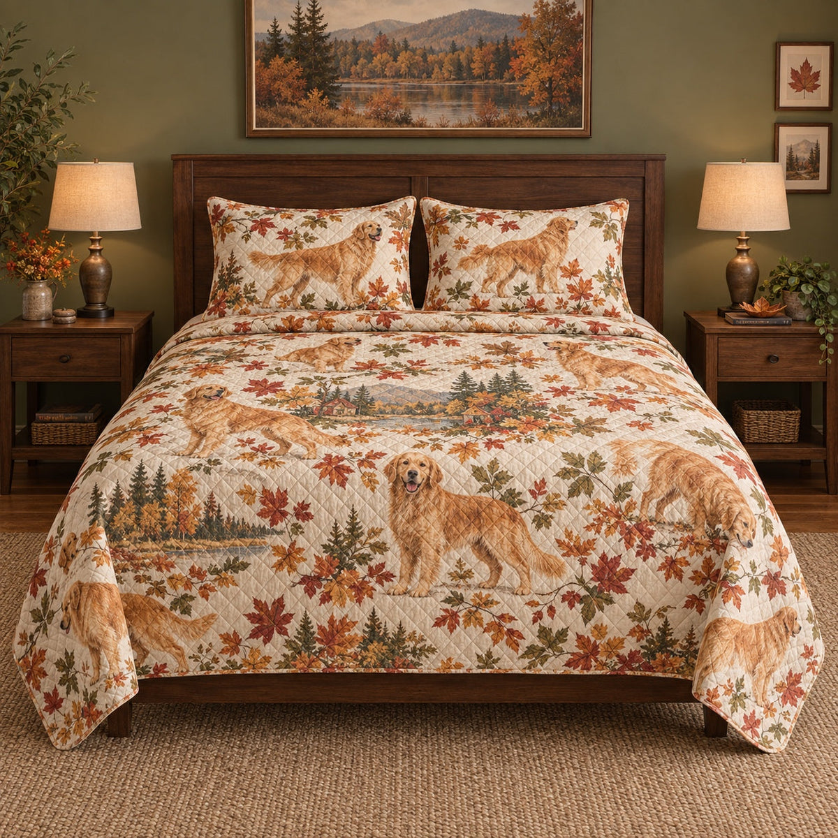 Autumn Trail Golden Retriever Quilt Set, front golden retriever bedroom view