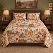 Autumn Trail Golden Retriever Quilt Set, front golden retriever bedroom view