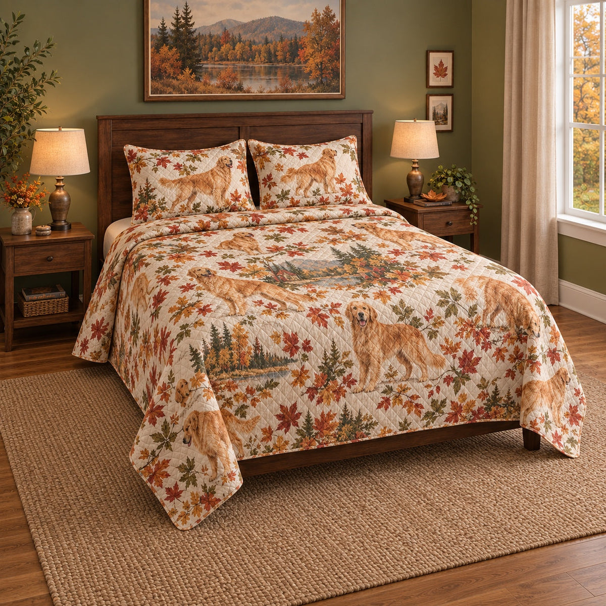 Autumn Trail Golden Retriever Quilt Set, angled golden retriever bedroom view