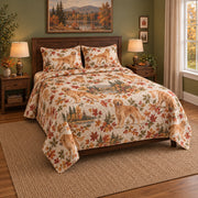 Autumn Trail Golden Retriever Quilt Set, angled golden retriever bedroom view