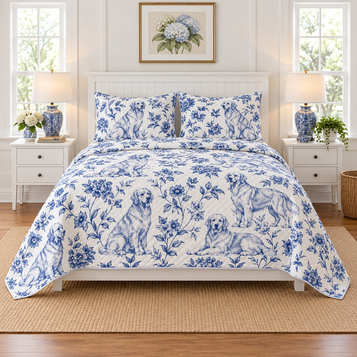 Indigo Garden Golden Retriever Quilt Set, front golden retriever bedroom view