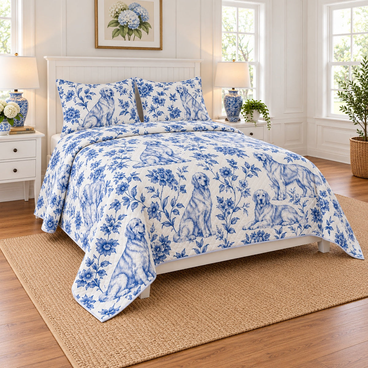 Indigo Garden Golden Retriever Quilt Set, angled golden retriever bedroom view