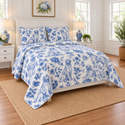 Indigo Garden Golden Retriever Quilt Set, angled golden retriever bedroom view