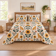 Folk Sunflower Golden Retriever Quilt Set, front golden retriever bedroom view