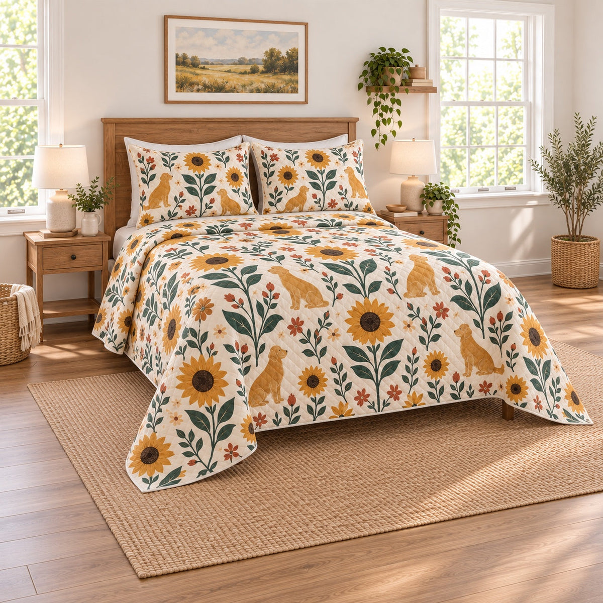 Folk Sunflower Golden Retriever Quilt Set, angled golden retriever bedroom view