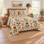Folk Sunflower Golden Retriever Quilt Set, angled golden retriever bedroom view