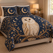 Celestial Owl Moon Stars Quilt Set: angled bedroom view showing the quilt artwork and coordinating shams