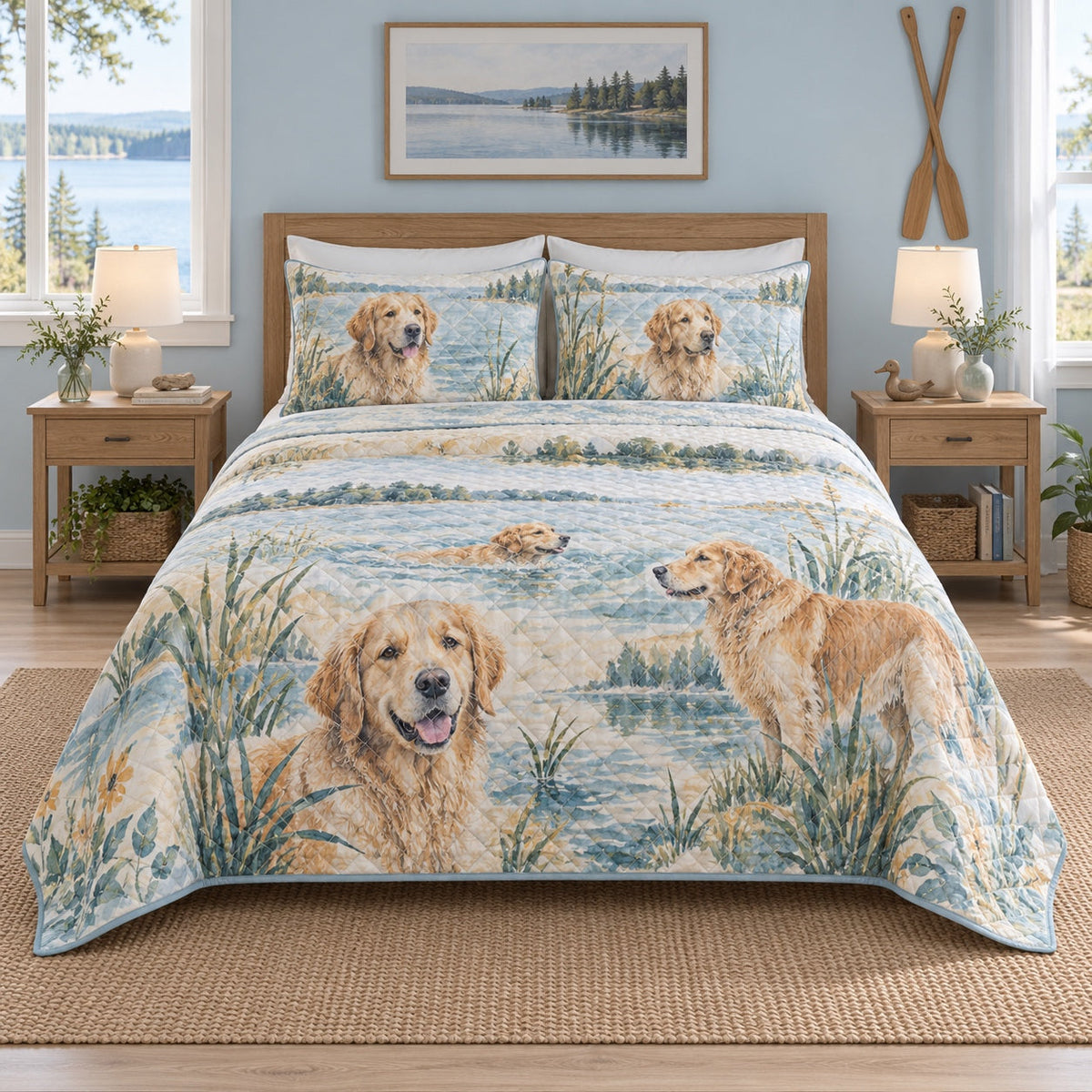 Lakeside Golden Retriever Quilt Set, front golden retriever bedroom view