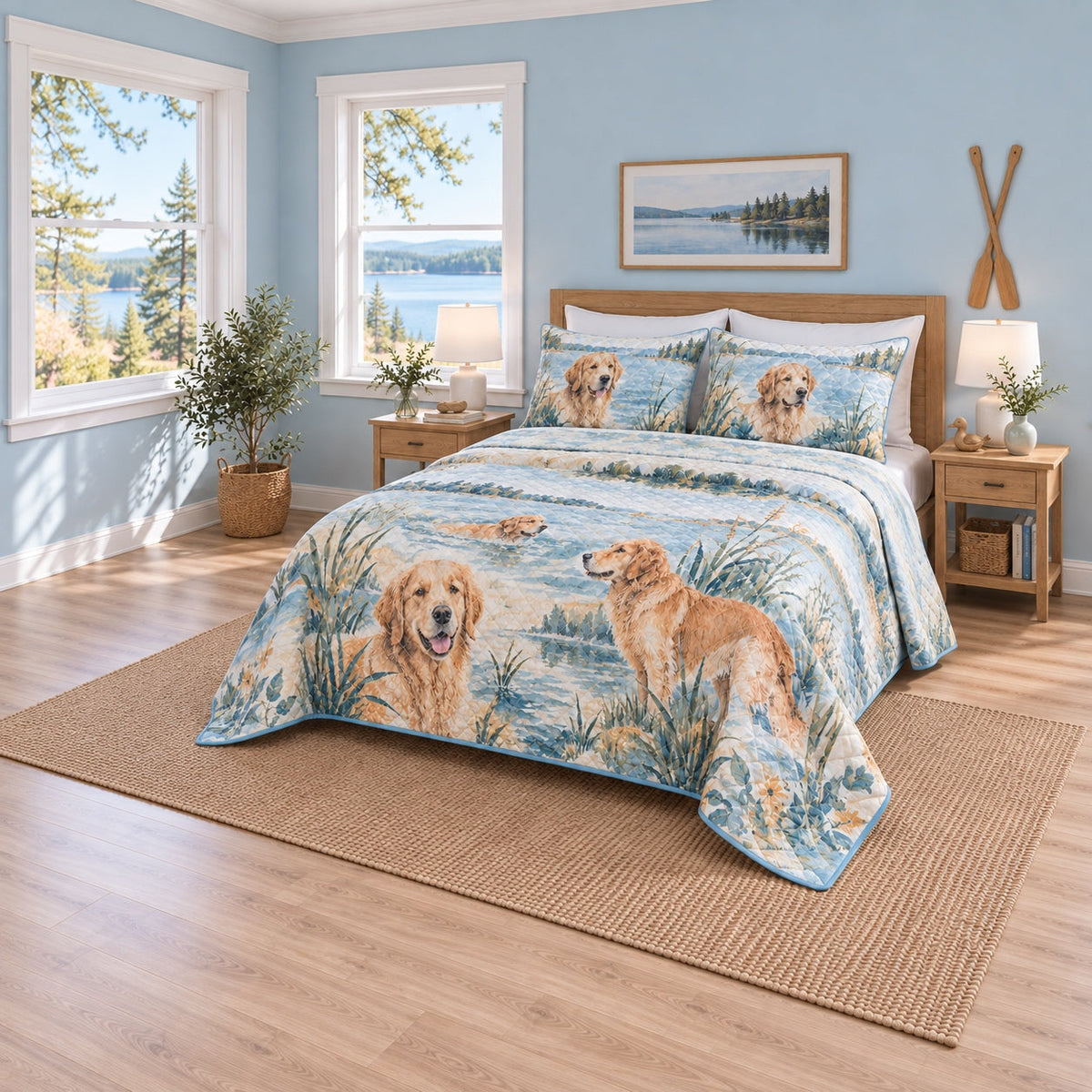 Lakeside Golden Retriever Quilt Set, angled golden retriever bedroom view