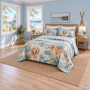 Lakeside Golden Retriever Quilt Set, angled golden retriever bedroom view