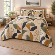 Golden Retriever Geometry Quilt Set, angled golden retriever bedroom view