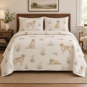 Field Sketch Golden Retriever Quilt Set, front golden retriever bedroom view