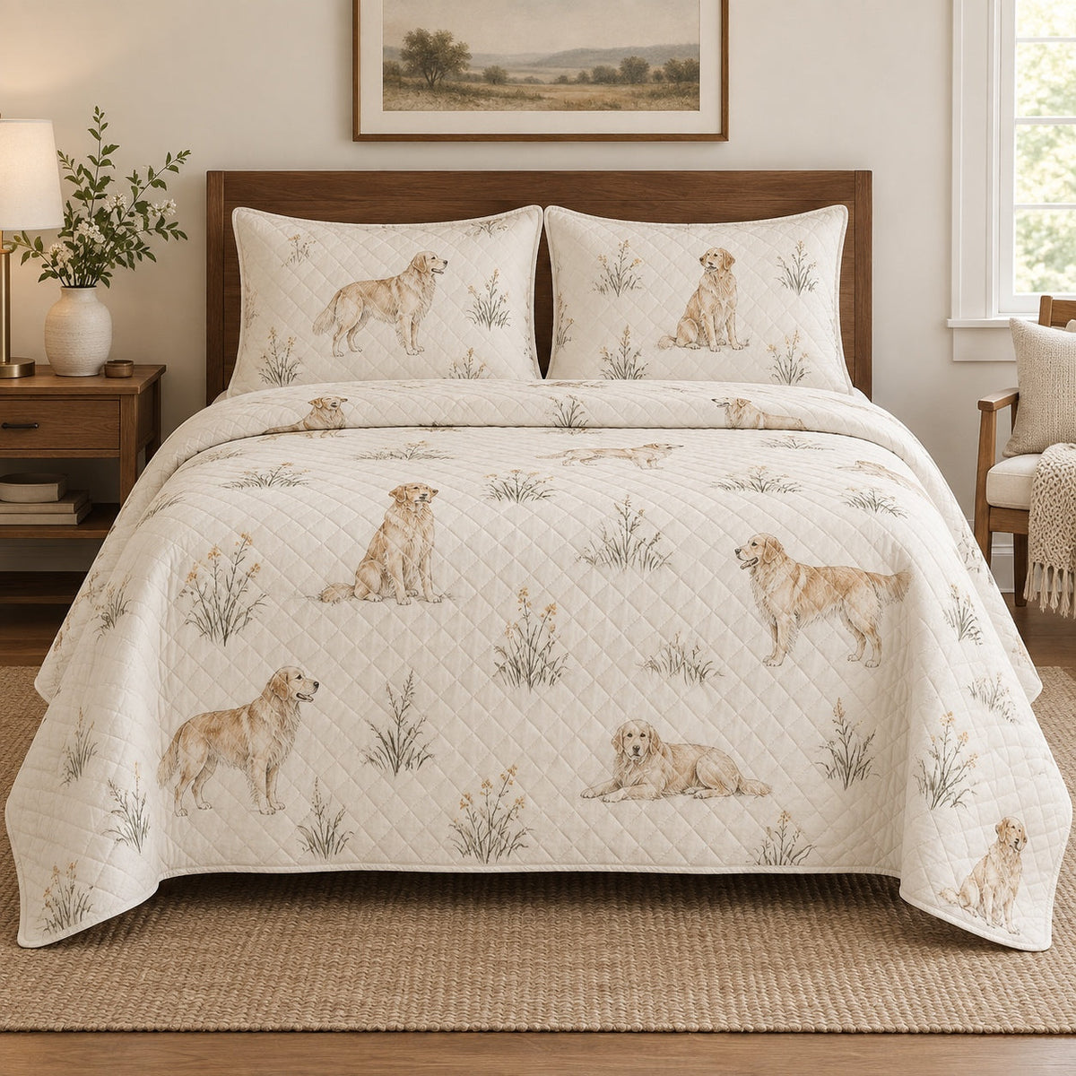 Field Sketch Golden Retriever Quilt Set, front golden retriever bedroom view