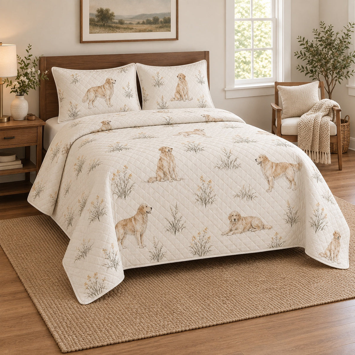 Field Sketch Golden Retriever Quilt Set, angled golden retriever bedroom view