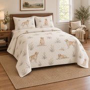 Field Sketch Golden Retriever Quilt Set, angled golden retriever bedroom view