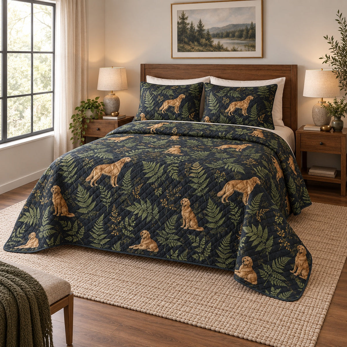 Midnight Fern Golden Retriever Quilt Set, angled golden retriever bedroom view