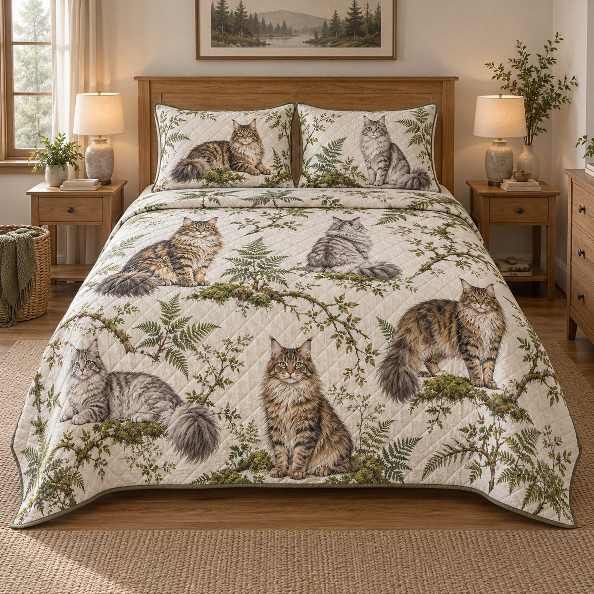 Forest Whiskers Maine Coon Cat Quilt Set, front maine coon cat bedroom view