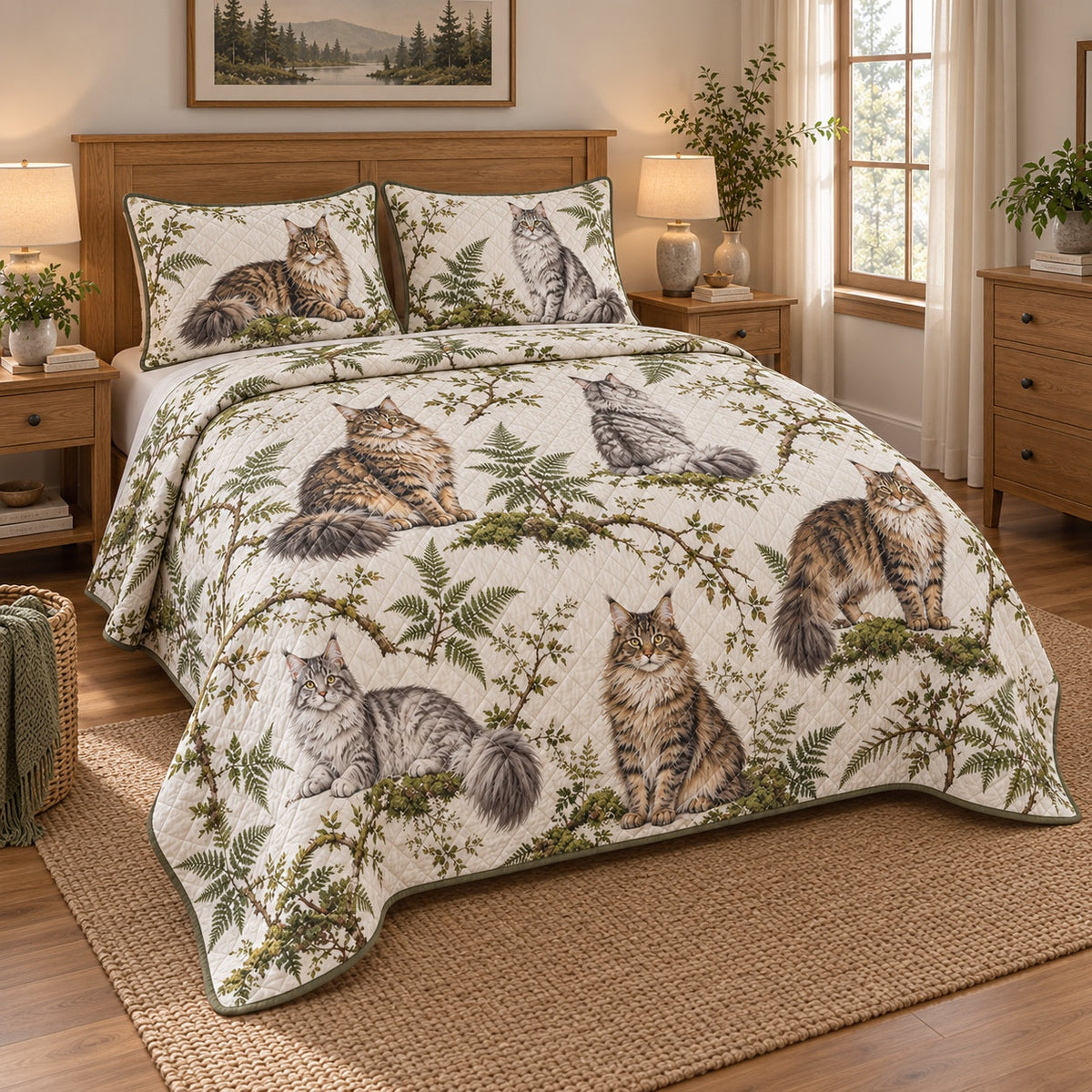 Forest Whiskers Maine Coon Cat Quilt Set, angled maine coon cat bedroom view