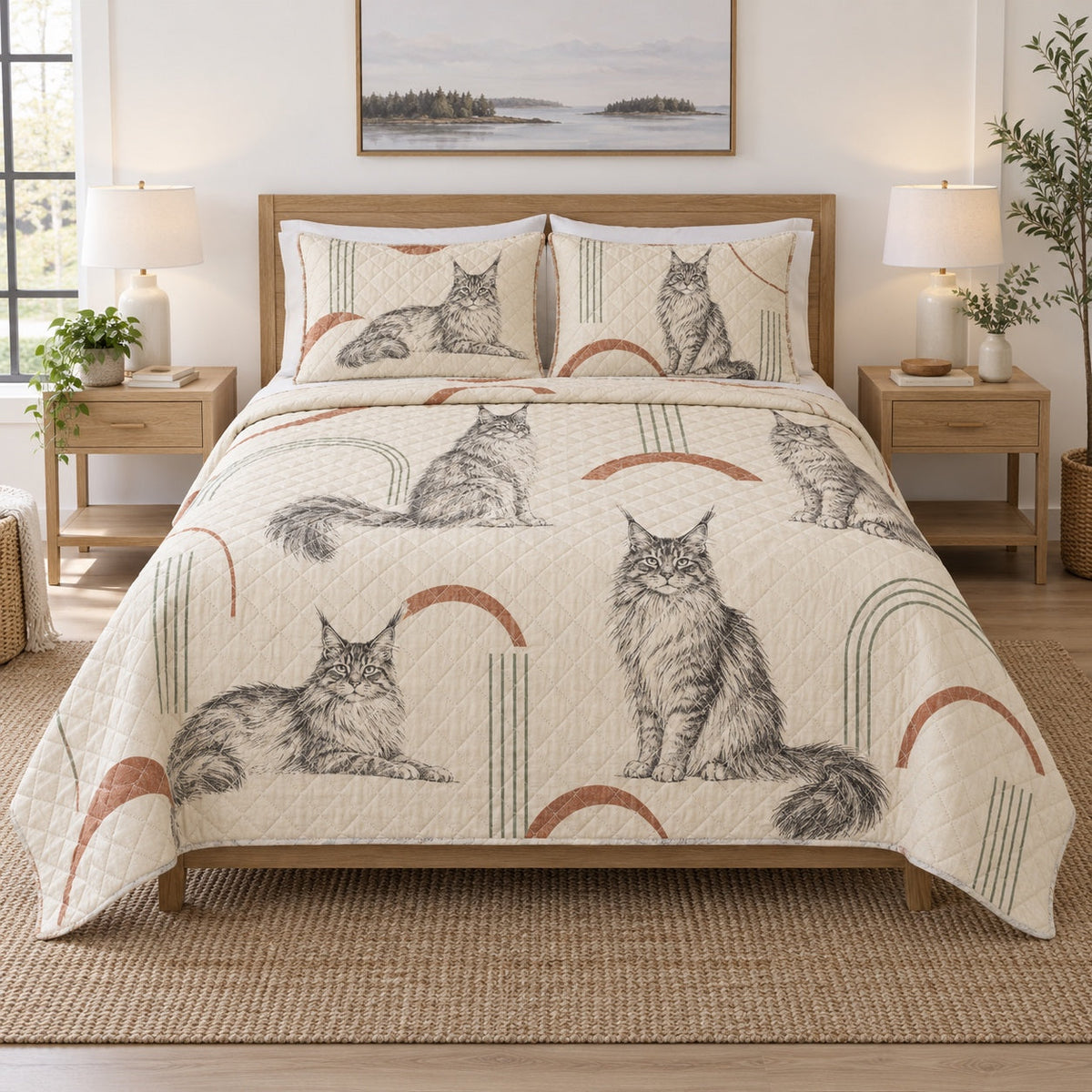 Modern Maine Coon Line Quilt Set, front maine coon cat bedroom view