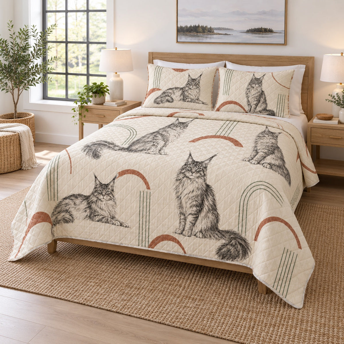 Modern Maine Coon Line Quilt Set, angled maine coon cat bedroom view