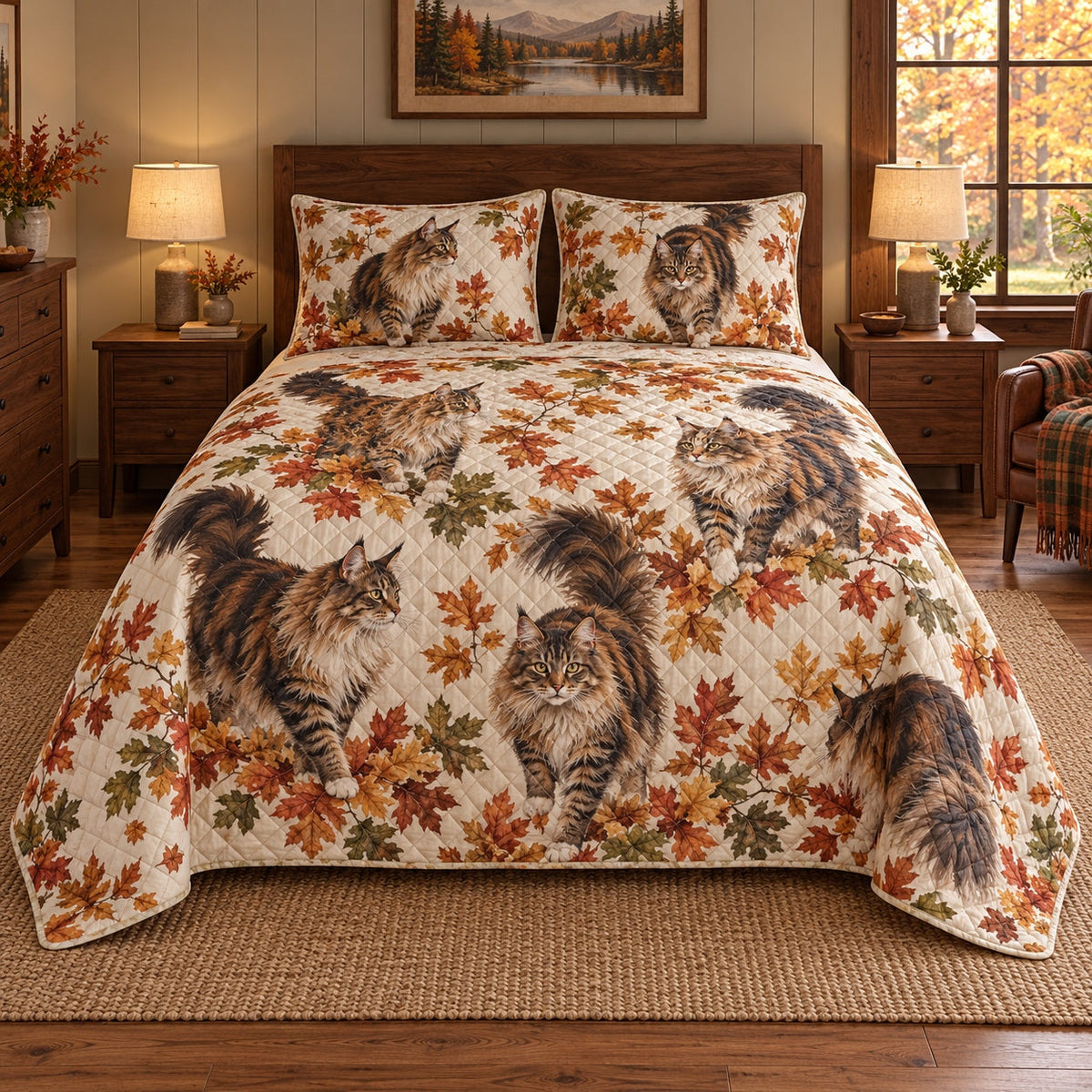 Autumn Prowl Maine Coon Cat Quilt Set, front maine coon cat bedroom view