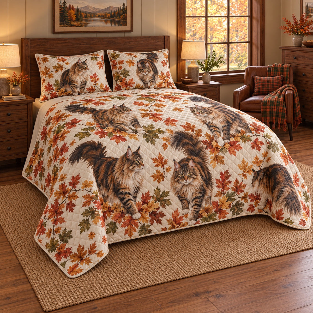 Autumn Prowl Maine Coon Cat Quilt Set, angled maine coon cat bedroom view