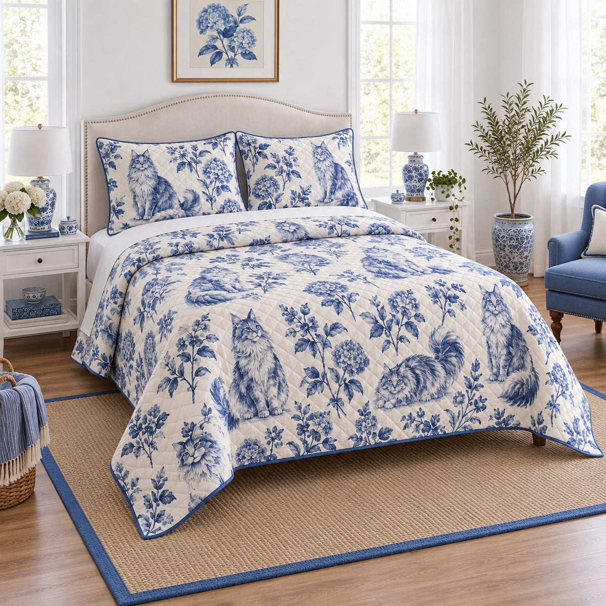 Indigo Tuft Maine Coon Cat Quilt Set, angled maine coon cat bedroom view