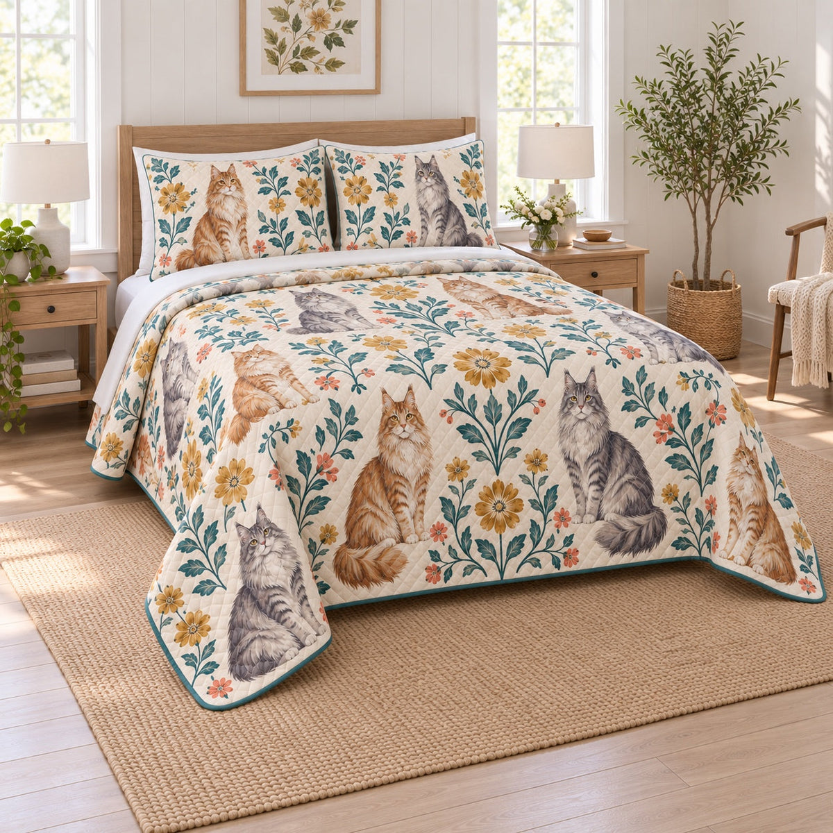 Folk Garden Maine Coon Cat Quilt Set, angled maine coon cat bedroom view