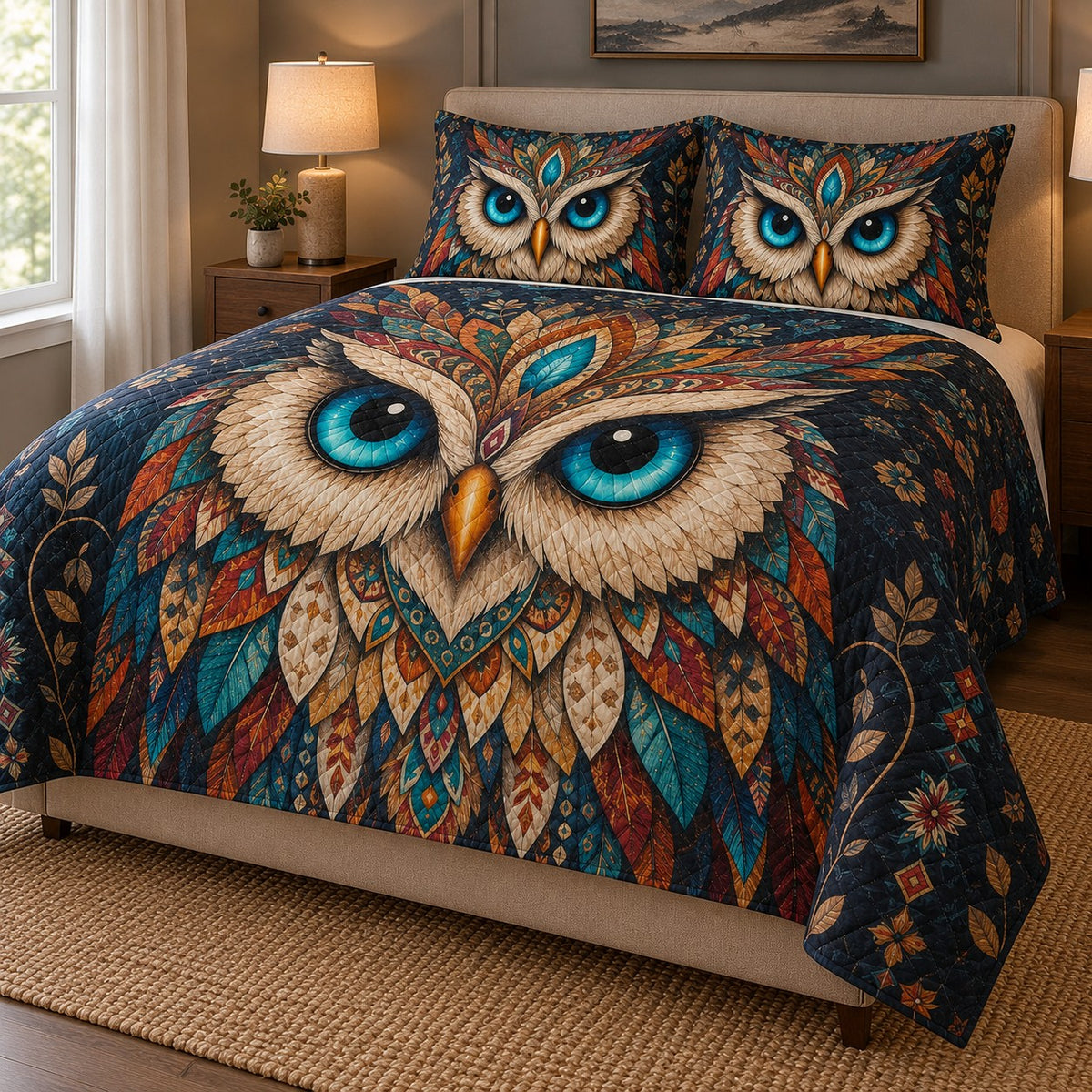 Boho Blue Eyed Owl Quilt Set: angled bedroom view showing the quilt artwork and coordinating shams