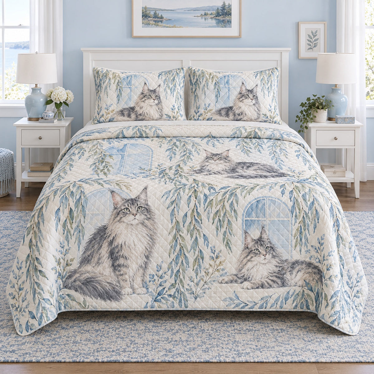 Willow Window Maine Coon Cat Quilt Set, front maine coon cat bedroom view