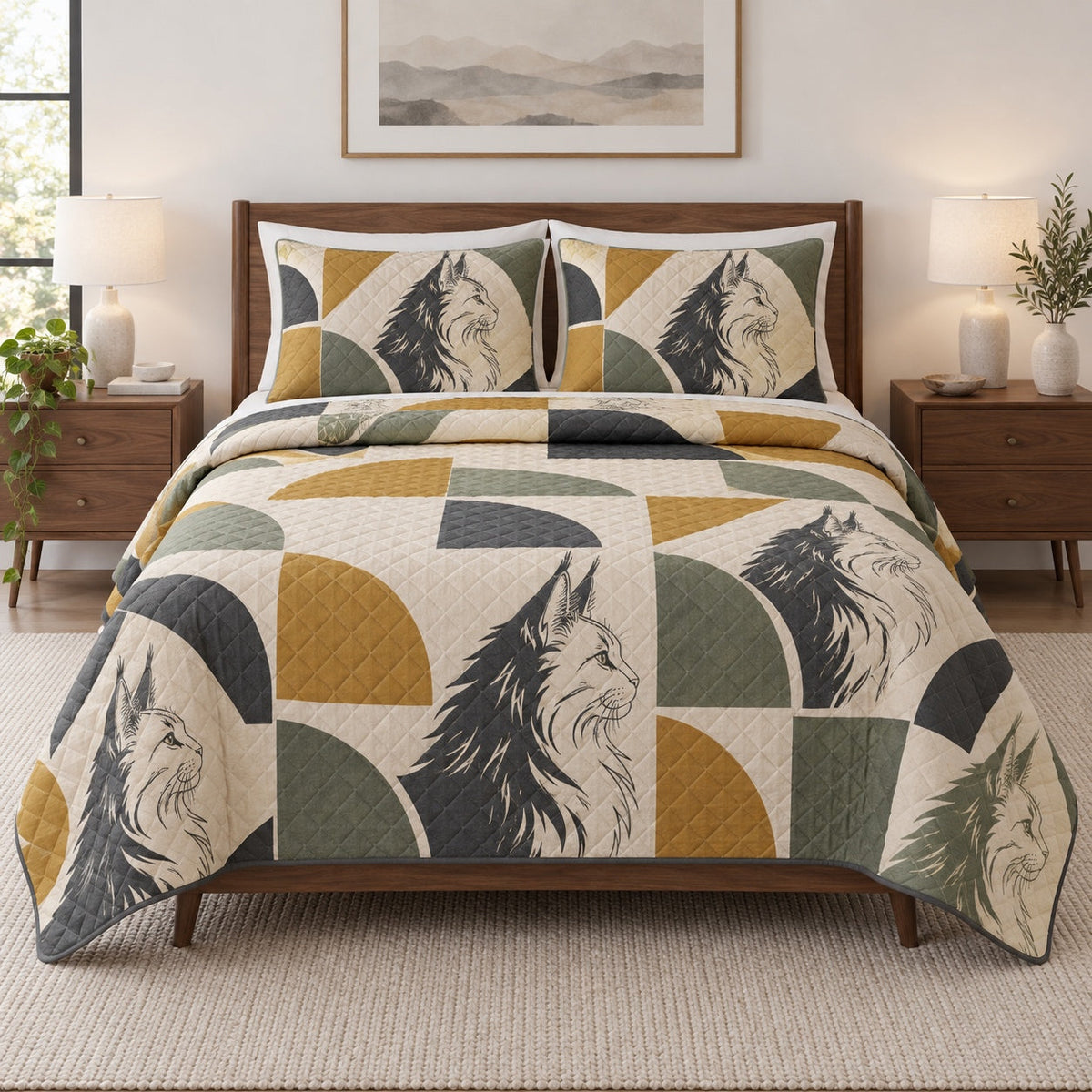 Maine Coon Geometry Quilt Set, front maine coon cat bedroom view