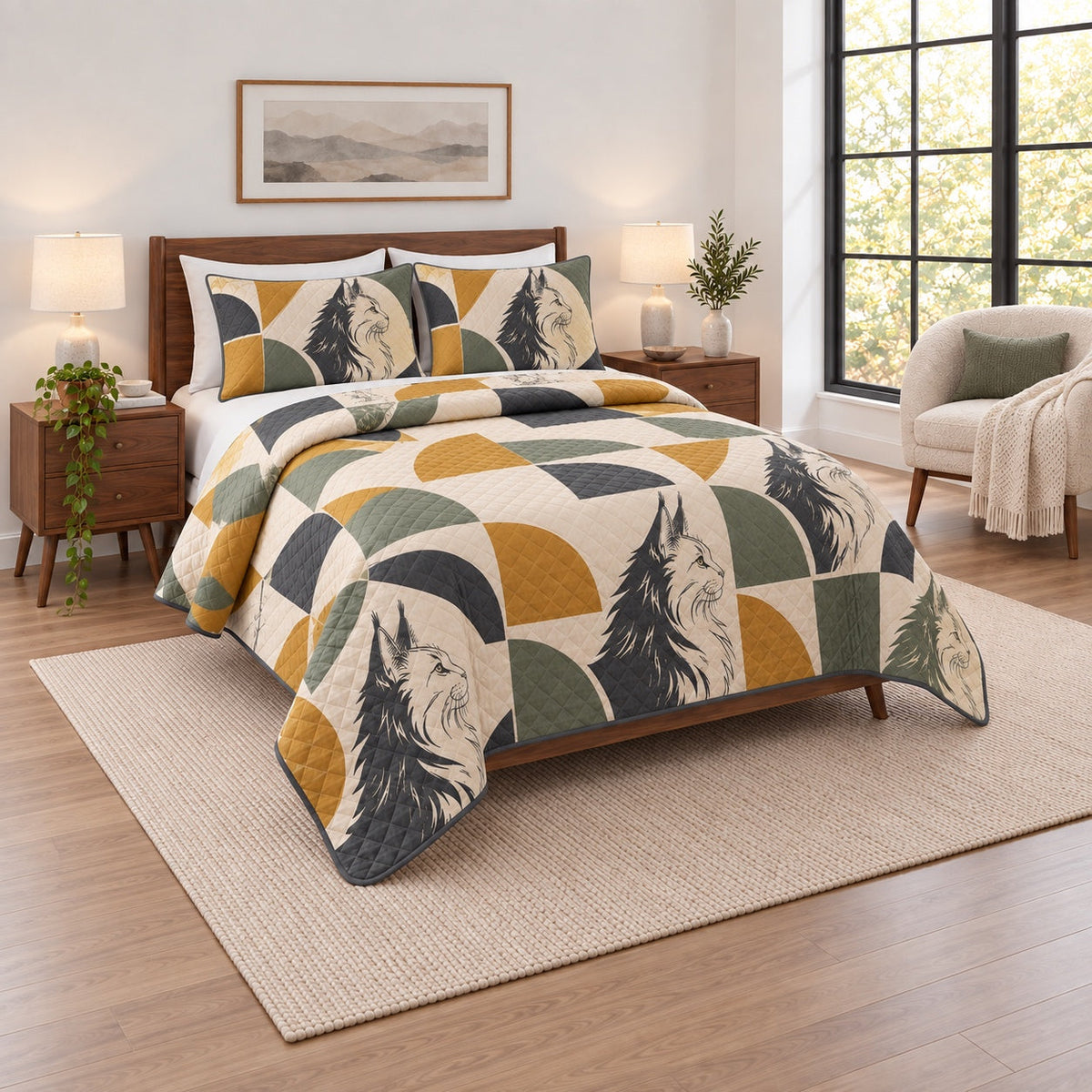 Maine Coon Geometry Quilt Set, angled maine coon cat bedroom view