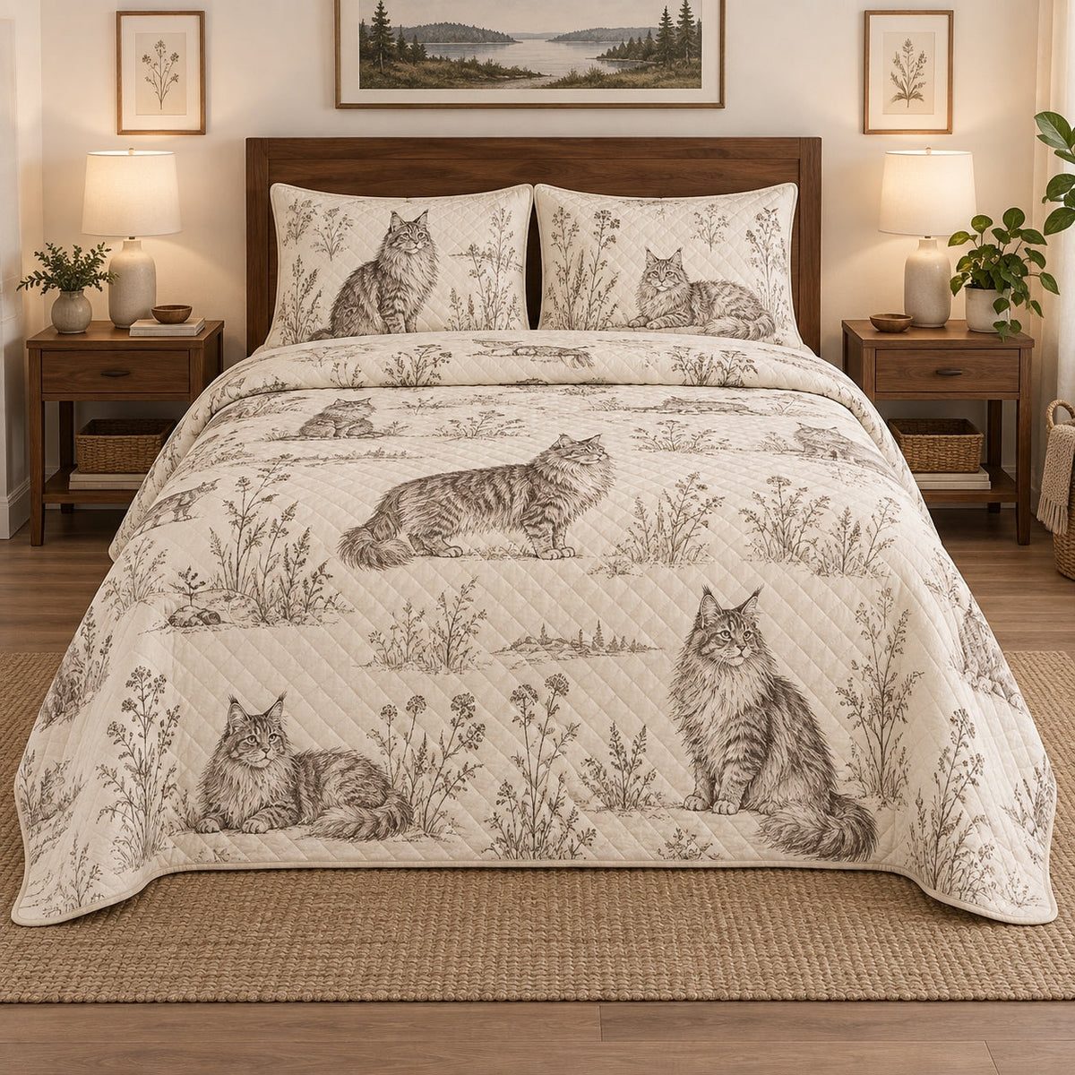 Field Notes Maine Coon Cat Quilt Set, front maine coon cat bedroom view