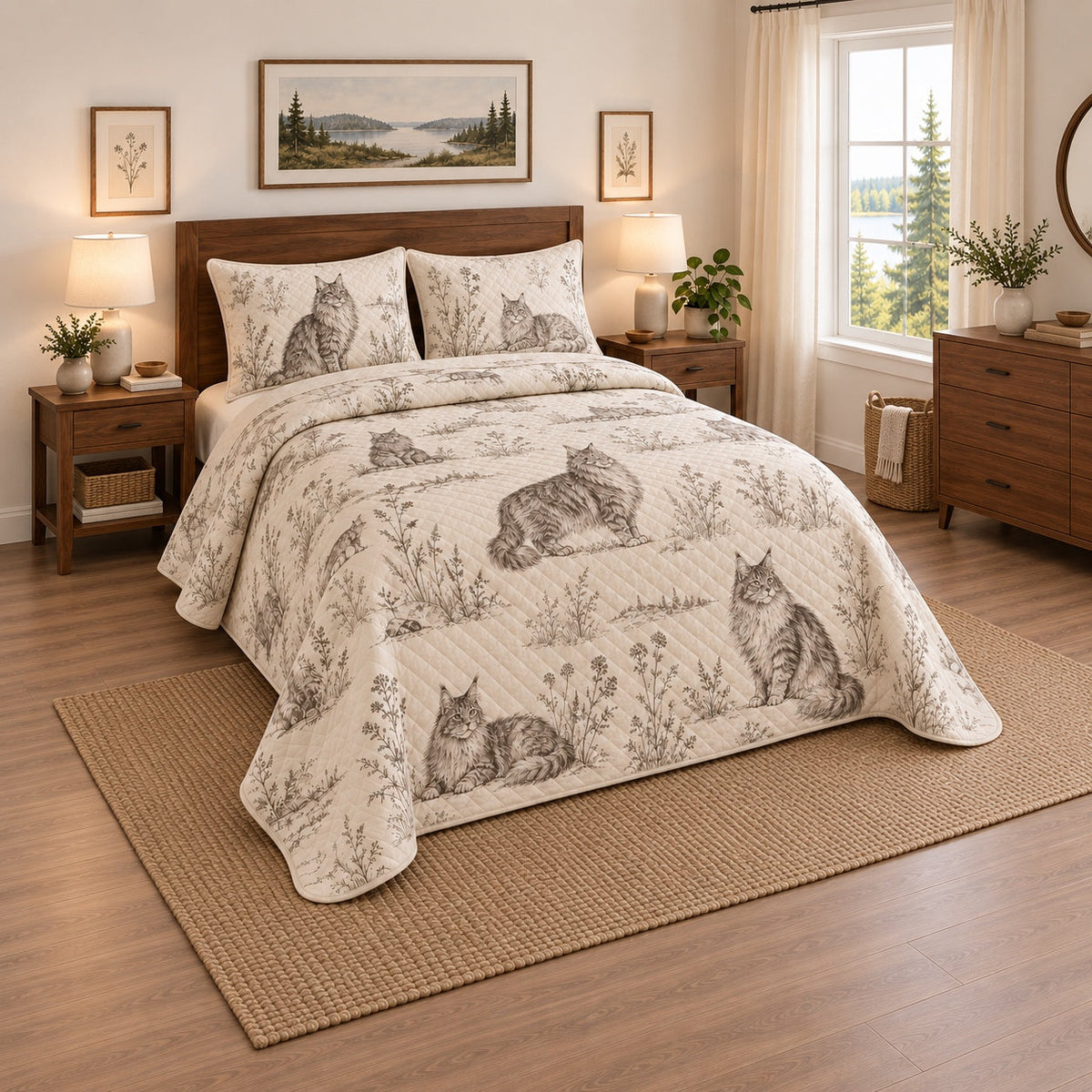 Field Notes Maine Coon Cat Quilt Set, angled maine coon cat bedroom view