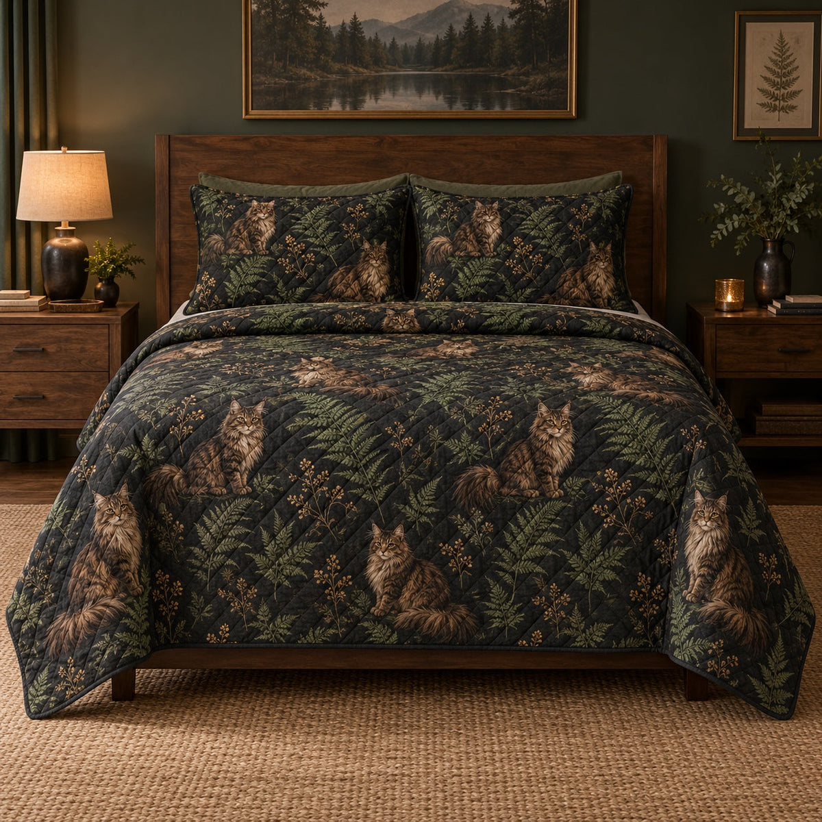 Midnight Tufts Maine Coon Cat Quilt Set, front maine coon cat bedroom view