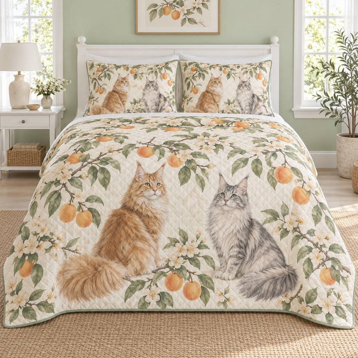 Orchard Sun Maine Coon Cat Quilt Set, front maine coon cat bedroom view