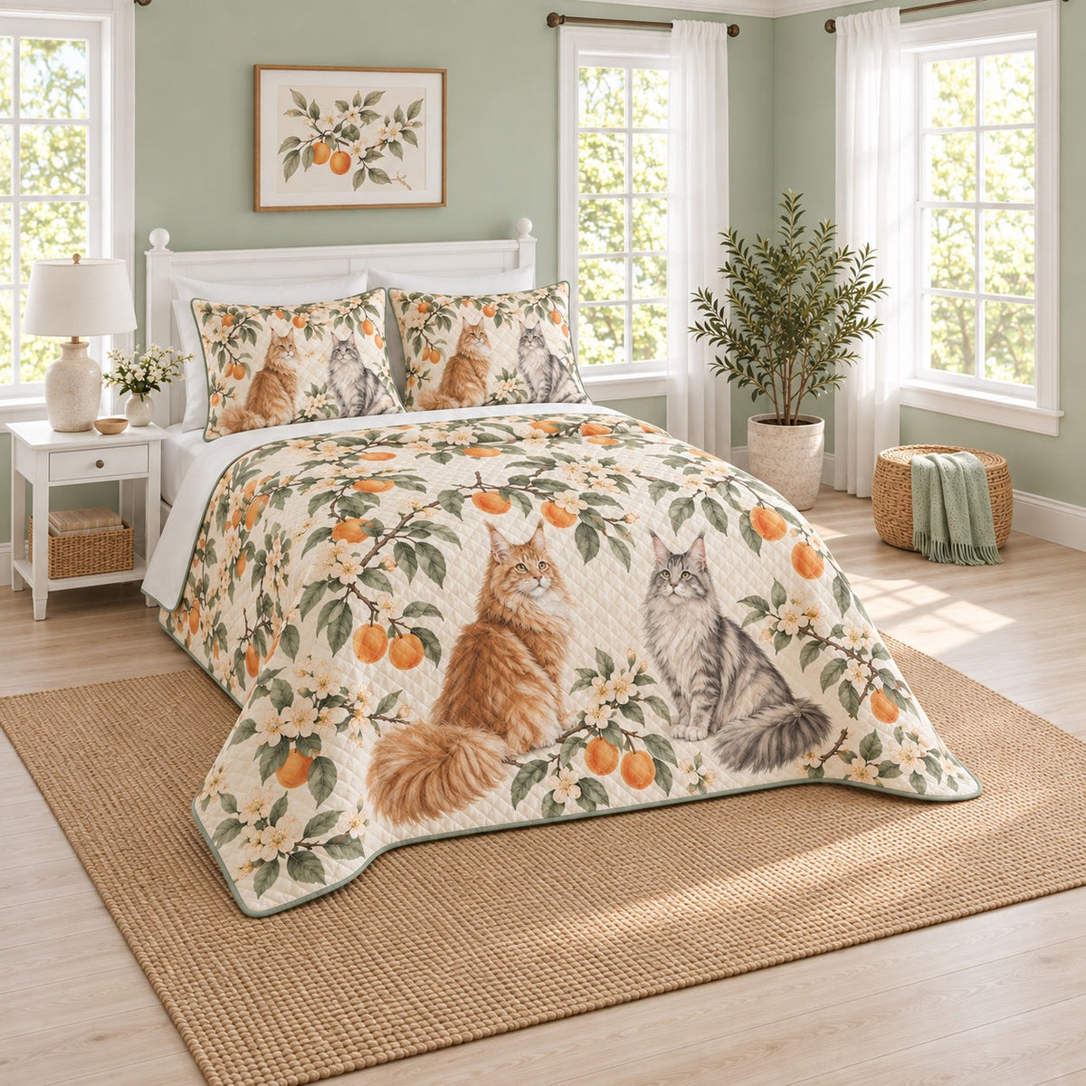 Orchard Sun Maine Coon Cat Quilt Set, angled maine coon cat bedroom view
