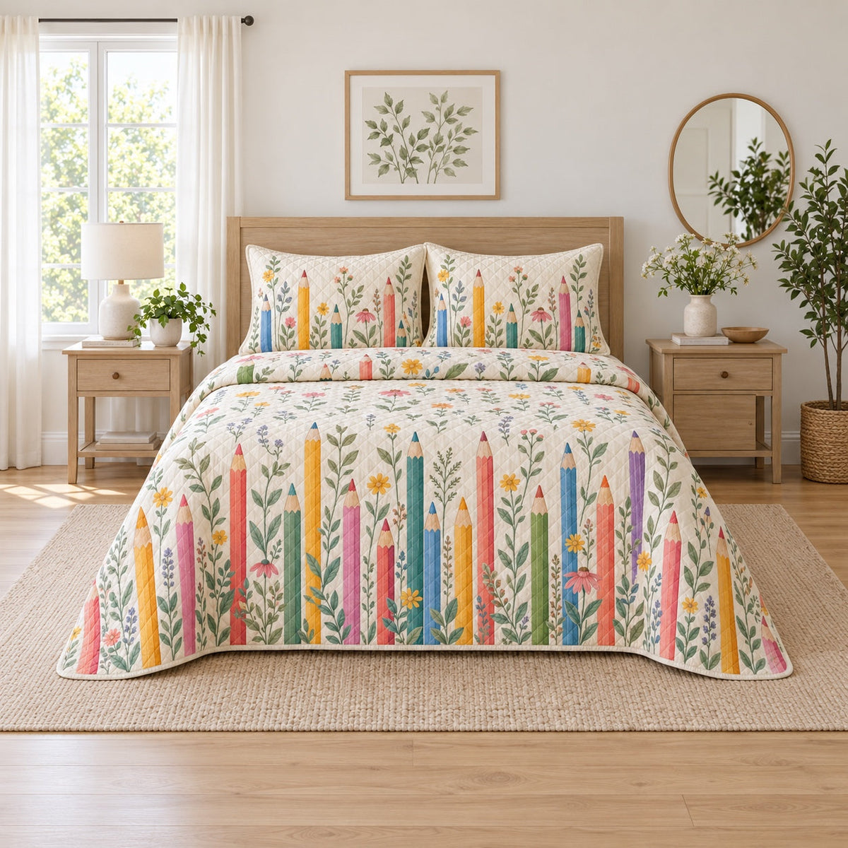Pencil Garden Elementary Teacher Quilt Set, front elementary teacher bedroom view