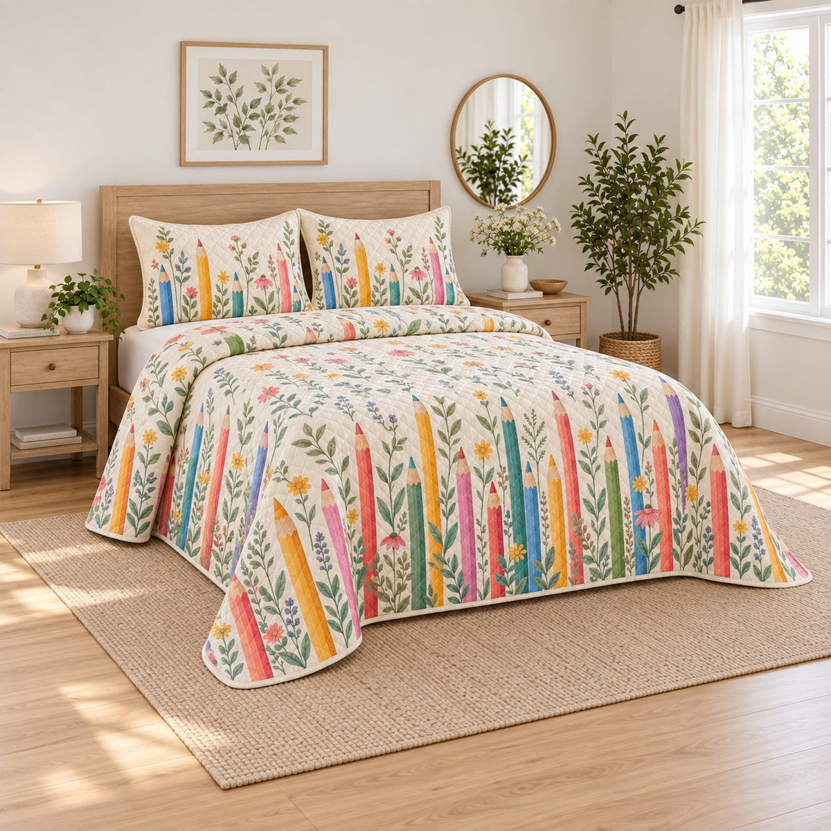 Pencil Garden Elementary Teacher Quilt Set, angled elementary teacher bedroom view
