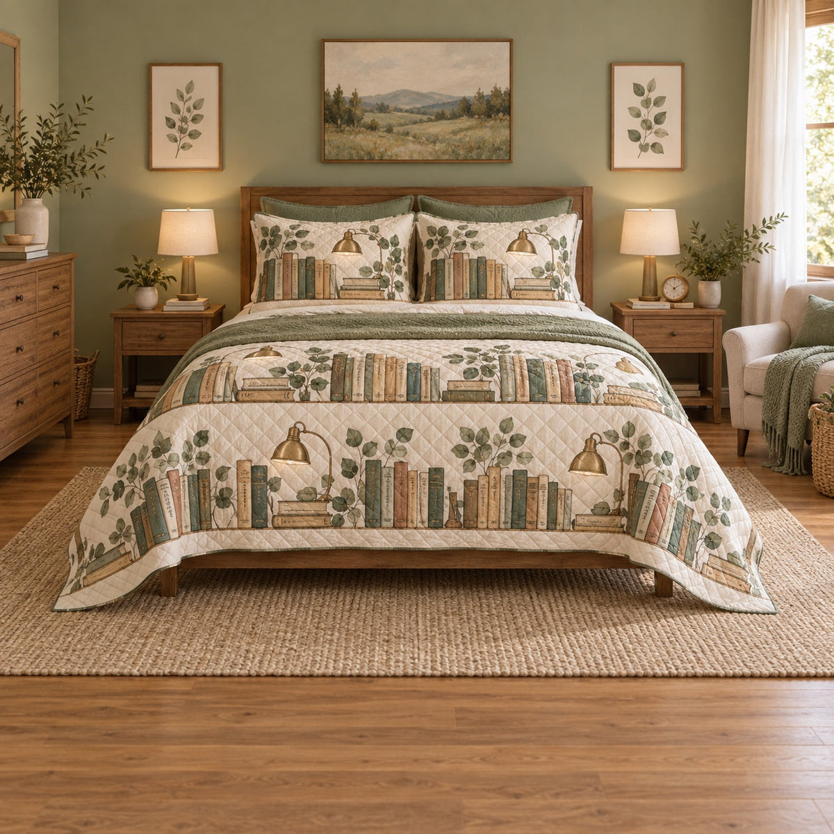 Reading Corner Elementary Teacher Quilt Set, front elementary teacher bedroom view