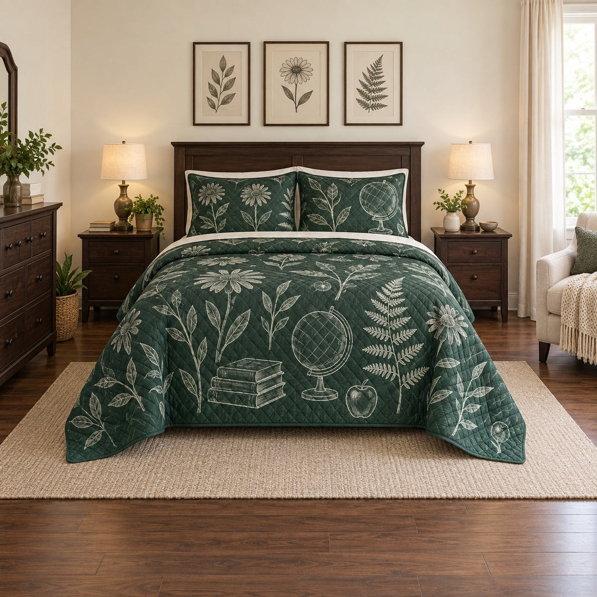 Chalkboard Botanicals Elementary Teacher Quilt Set, front elementary teacher bedroom view