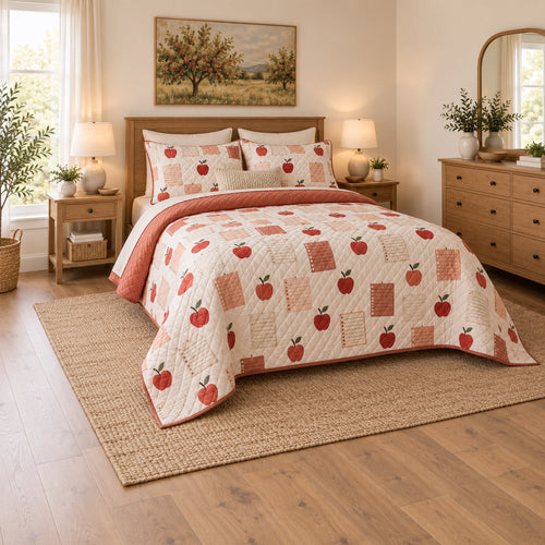 Apple Orchard Notes Elementary Teacher Quilt Set, angled elementary teacher bedroom view