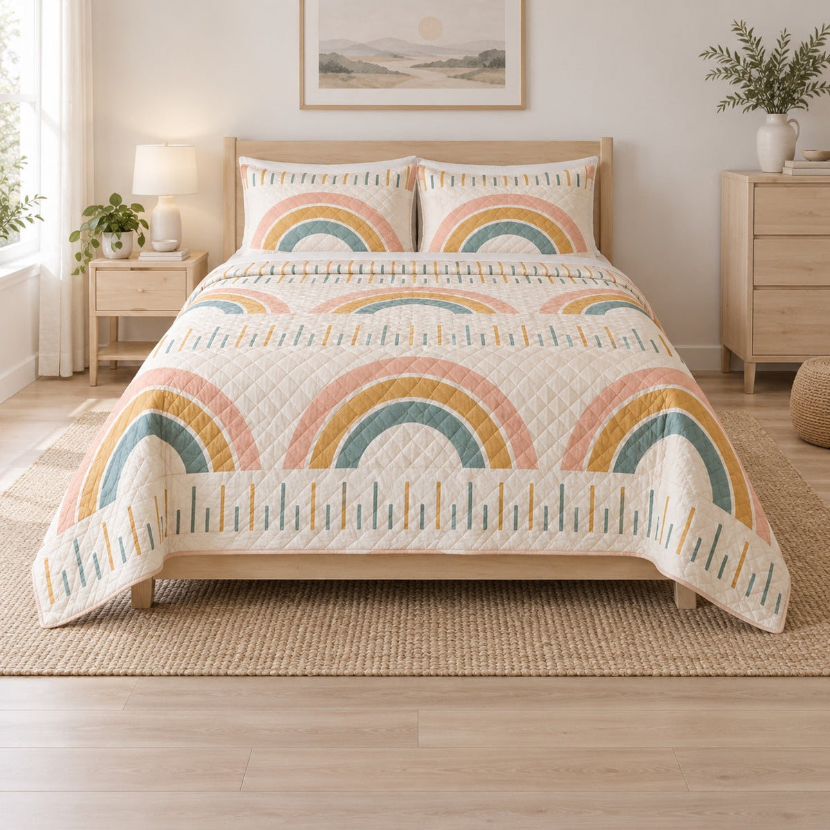 Rainbow Ruler Elementary Teacher Quilt Set, front elementary teacher bedroom view