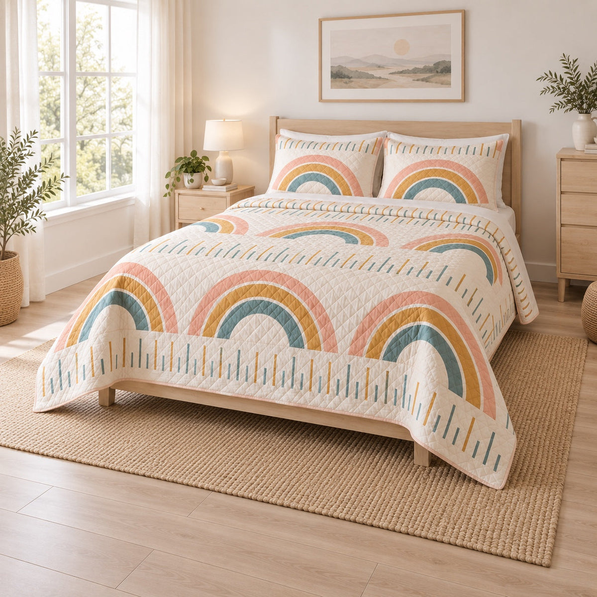 Rainbow Ruler Elementary Teacher Quilt Set, angled elementary teacher bedroom view