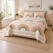 Rainbow Ruler Elementary Teacher Quilt Set, angled elementary teacher bedroom view